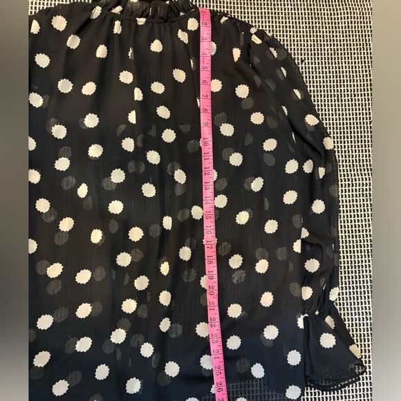 Black Sheer Polka Dot Flowy Long Sleeve Blouse, button front ruffle placket - Picture 9 of 9